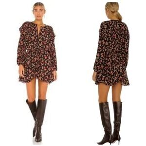 Free People Flower Field Dress Long Sleeve Black Red Floral Tie Waist Mini Large